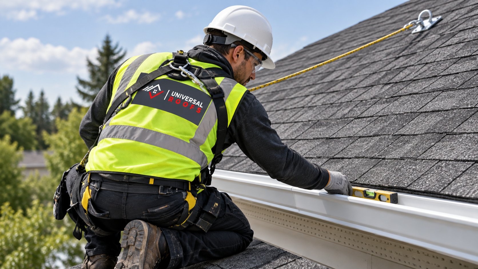 Eavestrough technician checking gutter slope with a level before re-hanging a trough on a GTA house