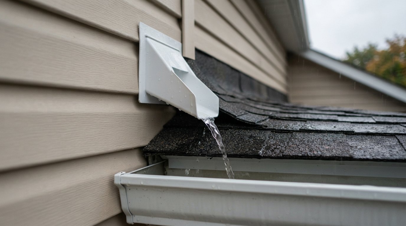 Close-up of a one-piece kick out flashing diverting rainwater into an eavestrough beside siding
