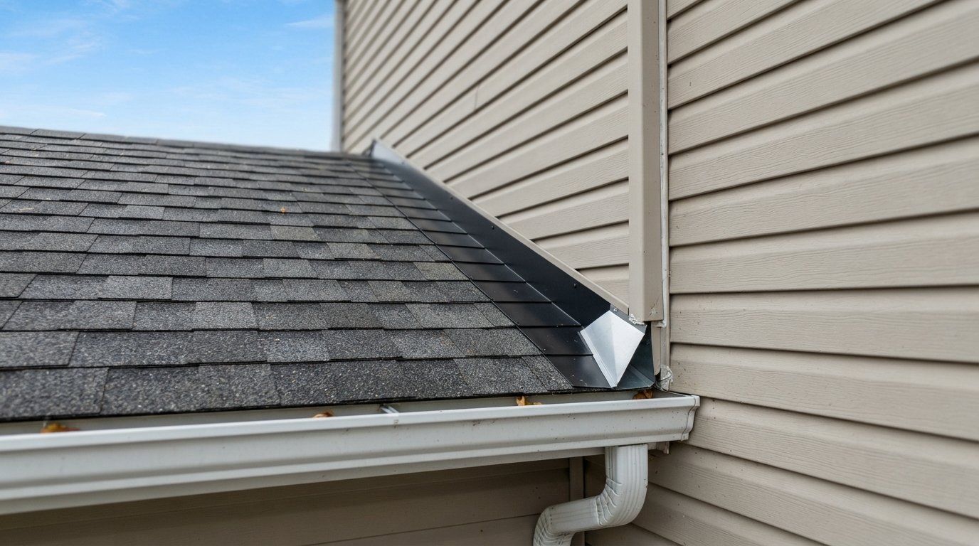 Metal kick out flashing at the base of a sidewall where a lower roof eave meets a two-storey wall