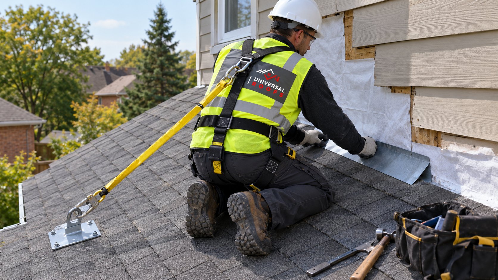 Roofer installing kick out flashing behind lifted siding where a garage roof meets a house wall