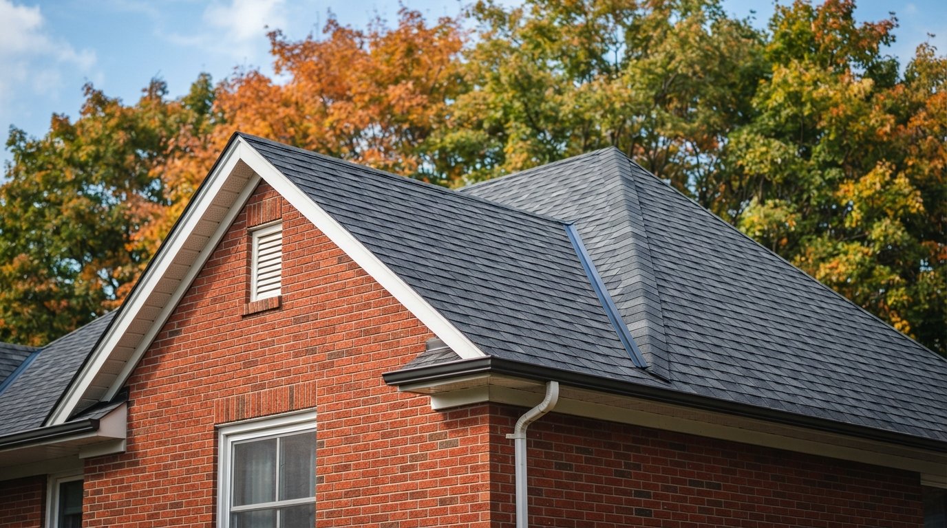 Two-storey home with newly installed CertainTeed Landmark shingles in a dark weathered colour