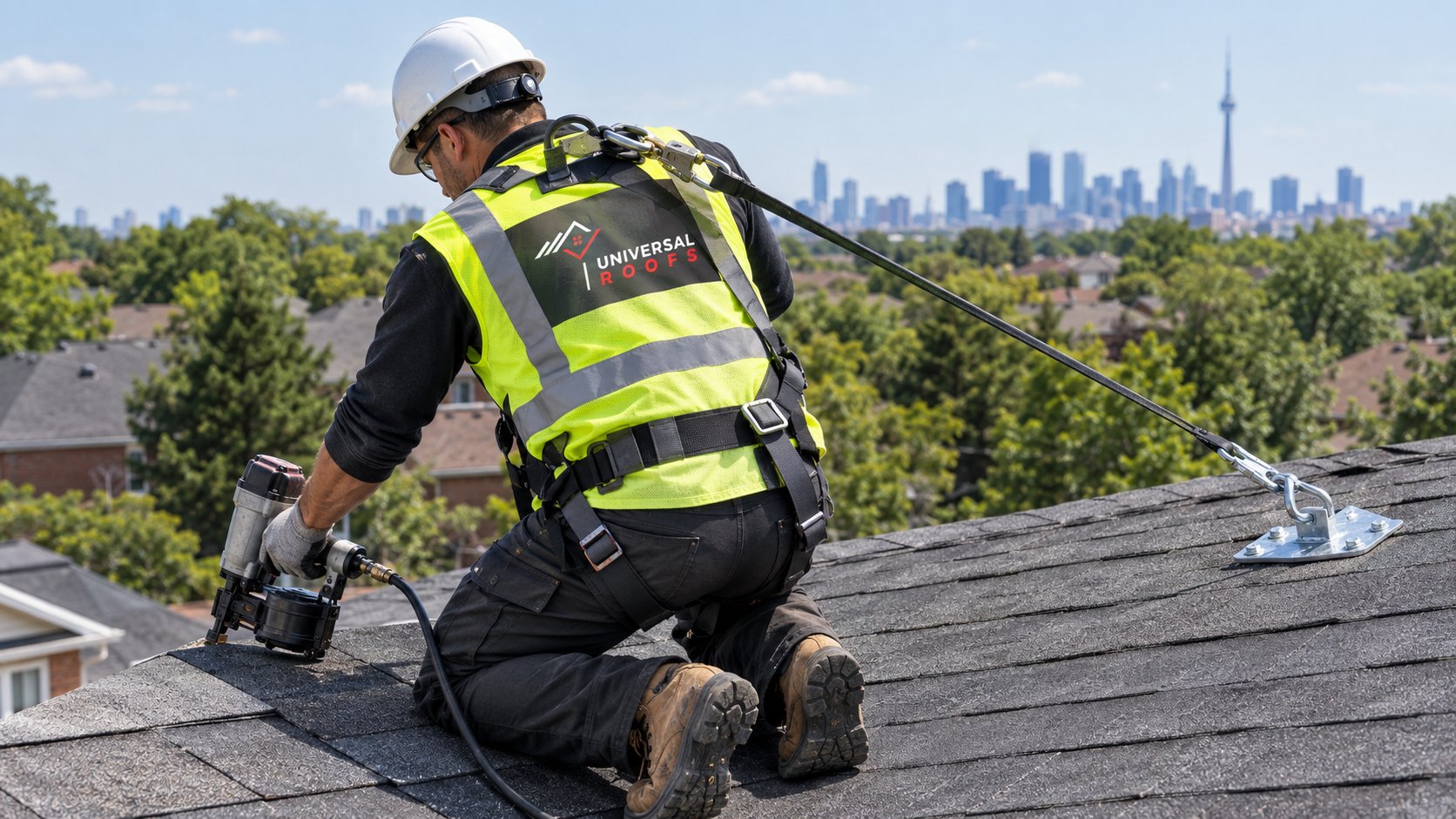Roofer nailing CertainTeed Landmark shingles along the marked nailing line on a sloped roof