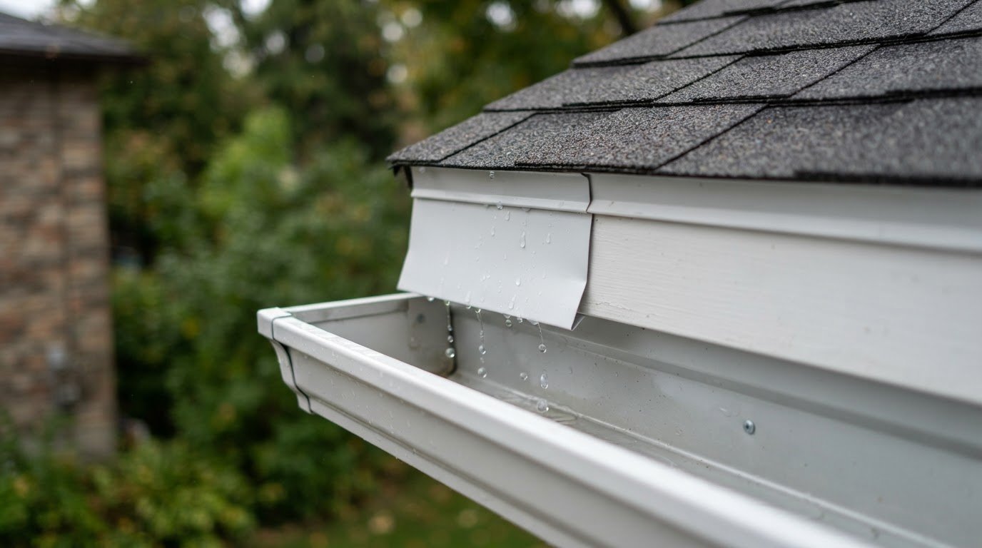 Close-up of a gutter apron lower leg sitting inside a K-style trough below the shingle edge