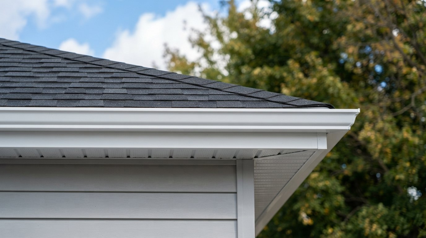 Gutter apron flashing extending from the shingle edge down into a white eavestrough on a GTA home