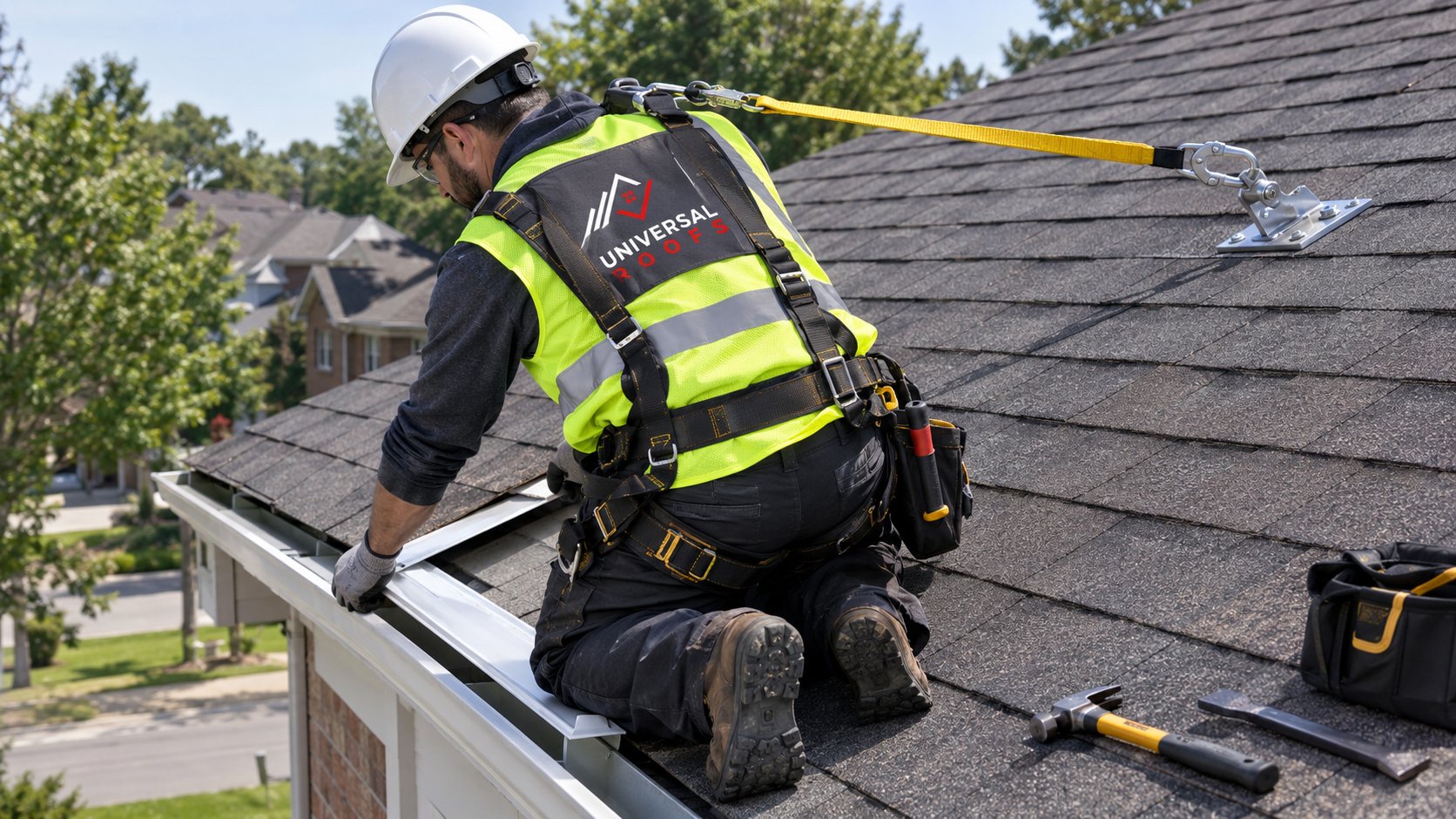 Roofer sliding a gutter apron under the first course of shingles at the eave of a house