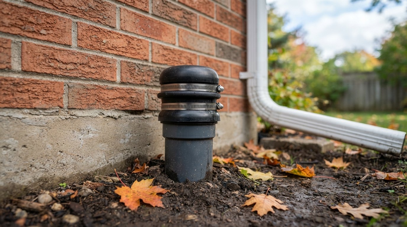 Close-up of a capped sewer standpipe beside a downspout disconnection elbow and extension