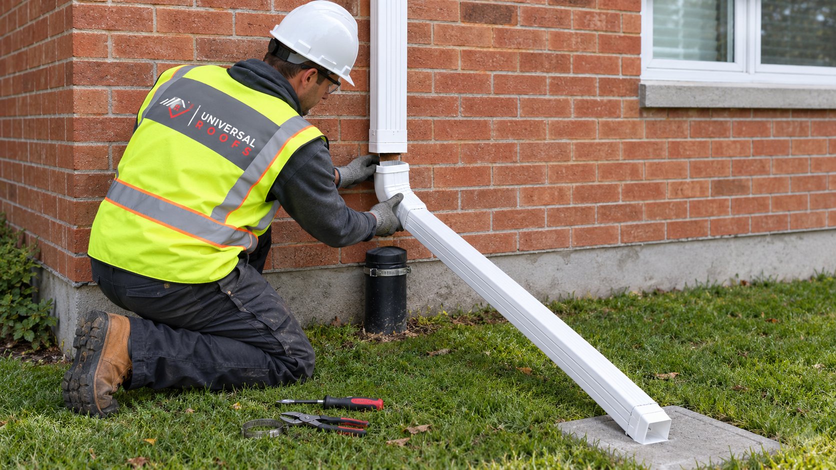 Eavestrough technician fitting an elbow and extension during a downspout disconnection at a house corner