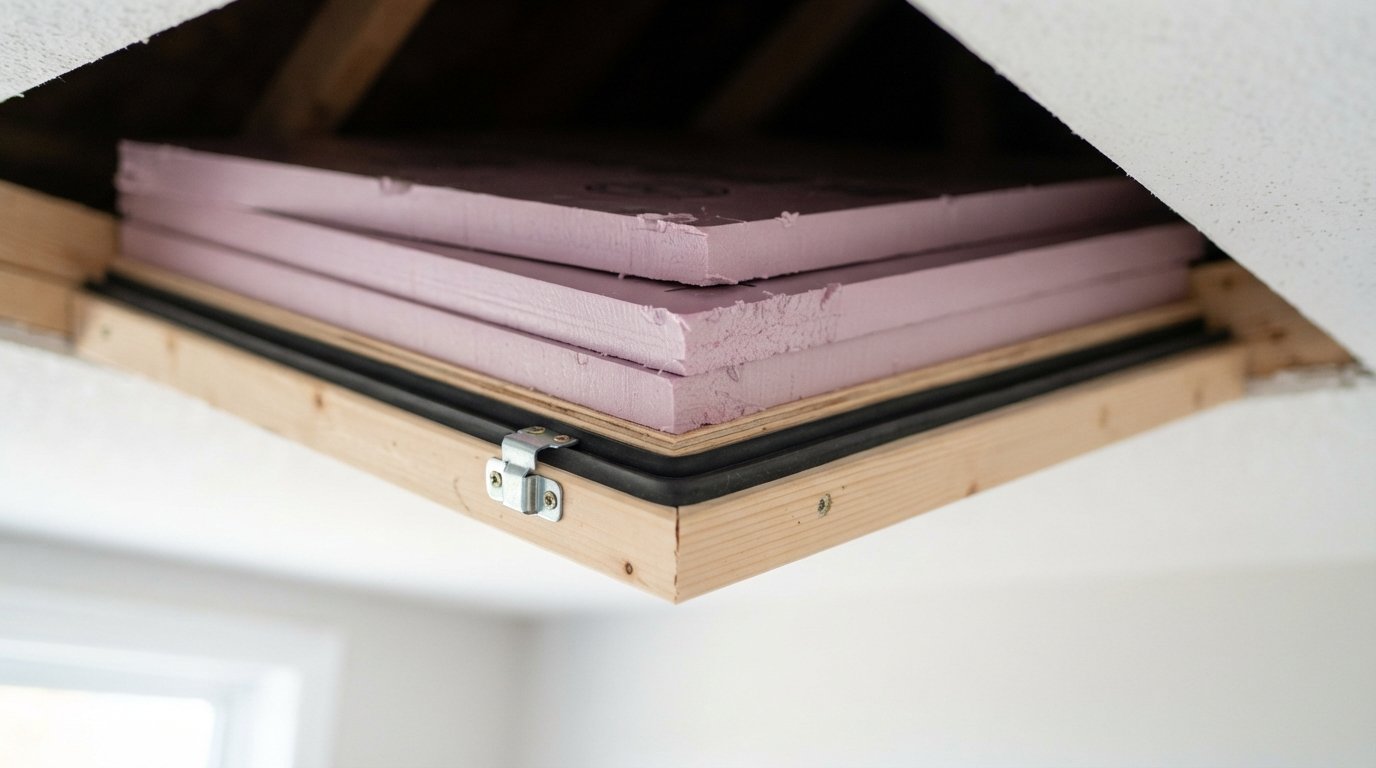 Close-up of rigid foam layers glued to the attic side of an attic hatch lid with a black rubber gasket