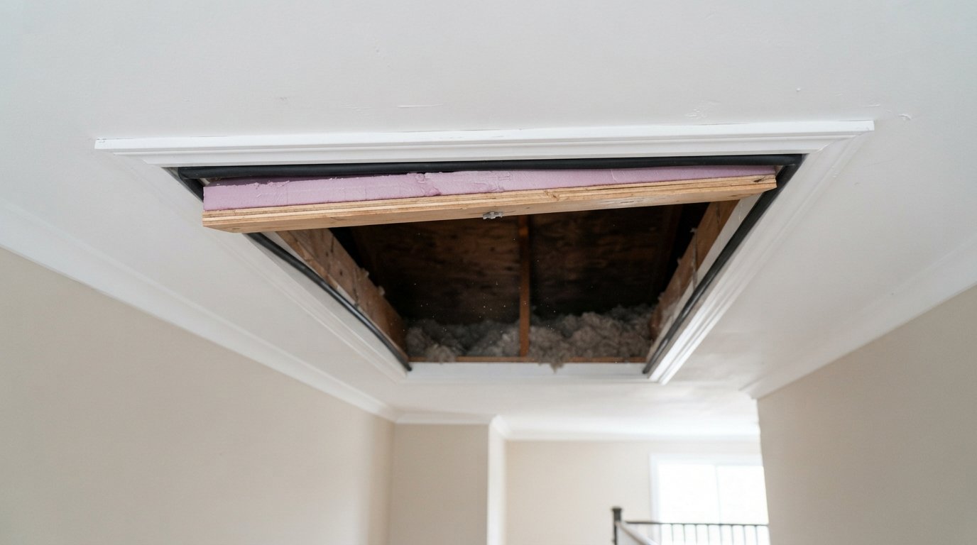 Attic hatch in a hallway ceiling with new foam weatherstripping around the trim and an insulated lid above
