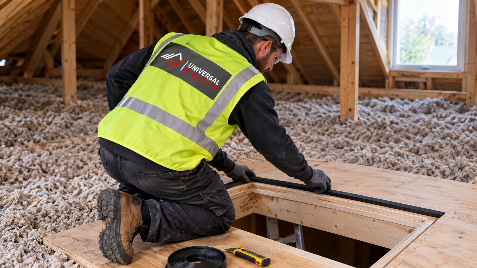 Roofer applying compression gasket to an attic hatch stop inside a GTA home before fitting a foam insulated lid
