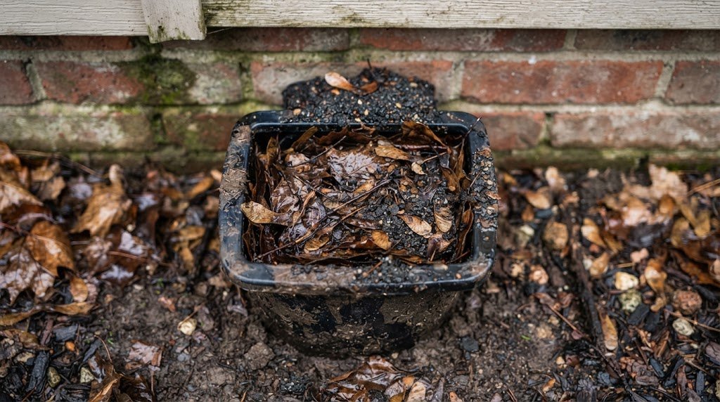 Close-up of leaves and shingle granules clogging the adapter of an underground downspout