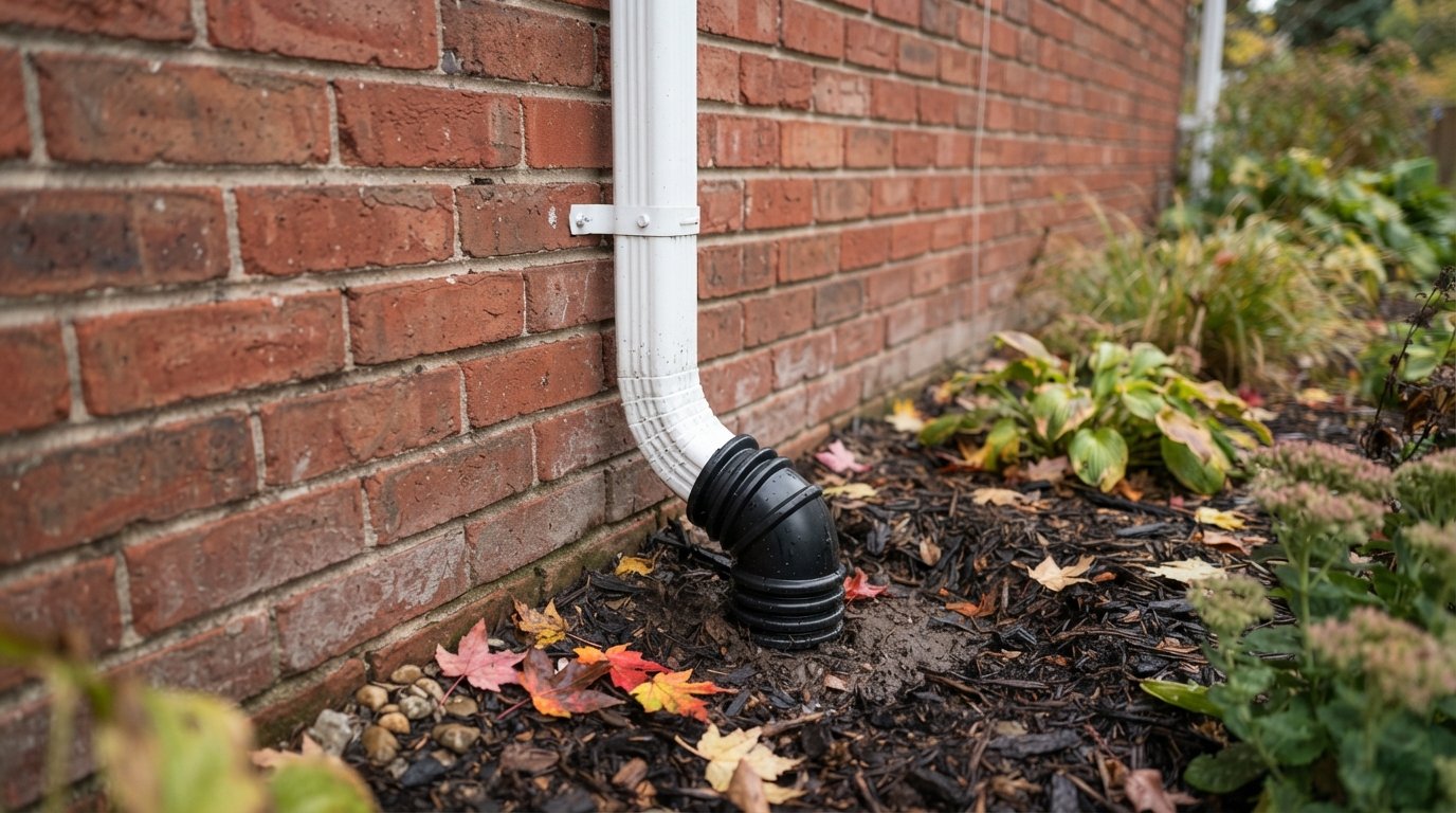 Aluminum downspout entering an underground downspout pipe at the base of a brick wall with autumn leaves nearby