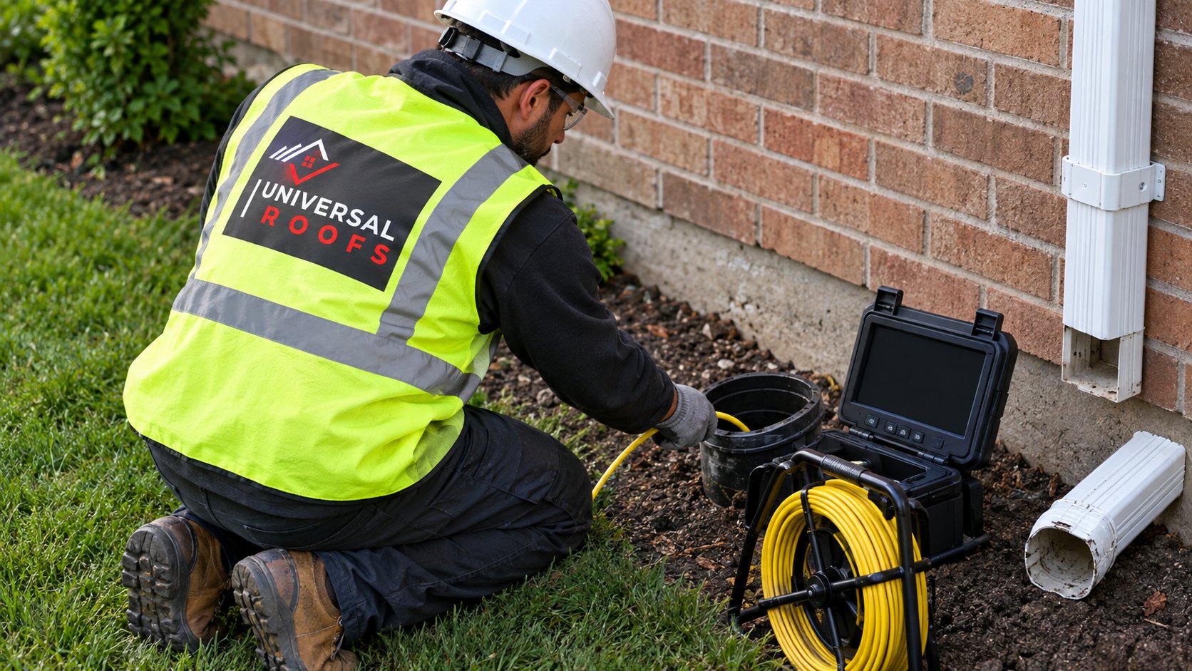 Technician feeding a drain camera into an underground downspout pipe at the base of a house wall
