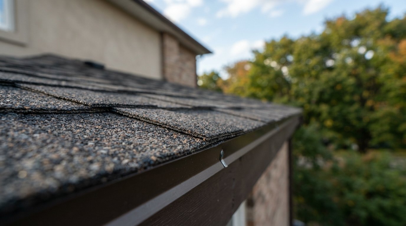 Close-up of the layered edge and granule texture of BP Mystique shingles on a roof