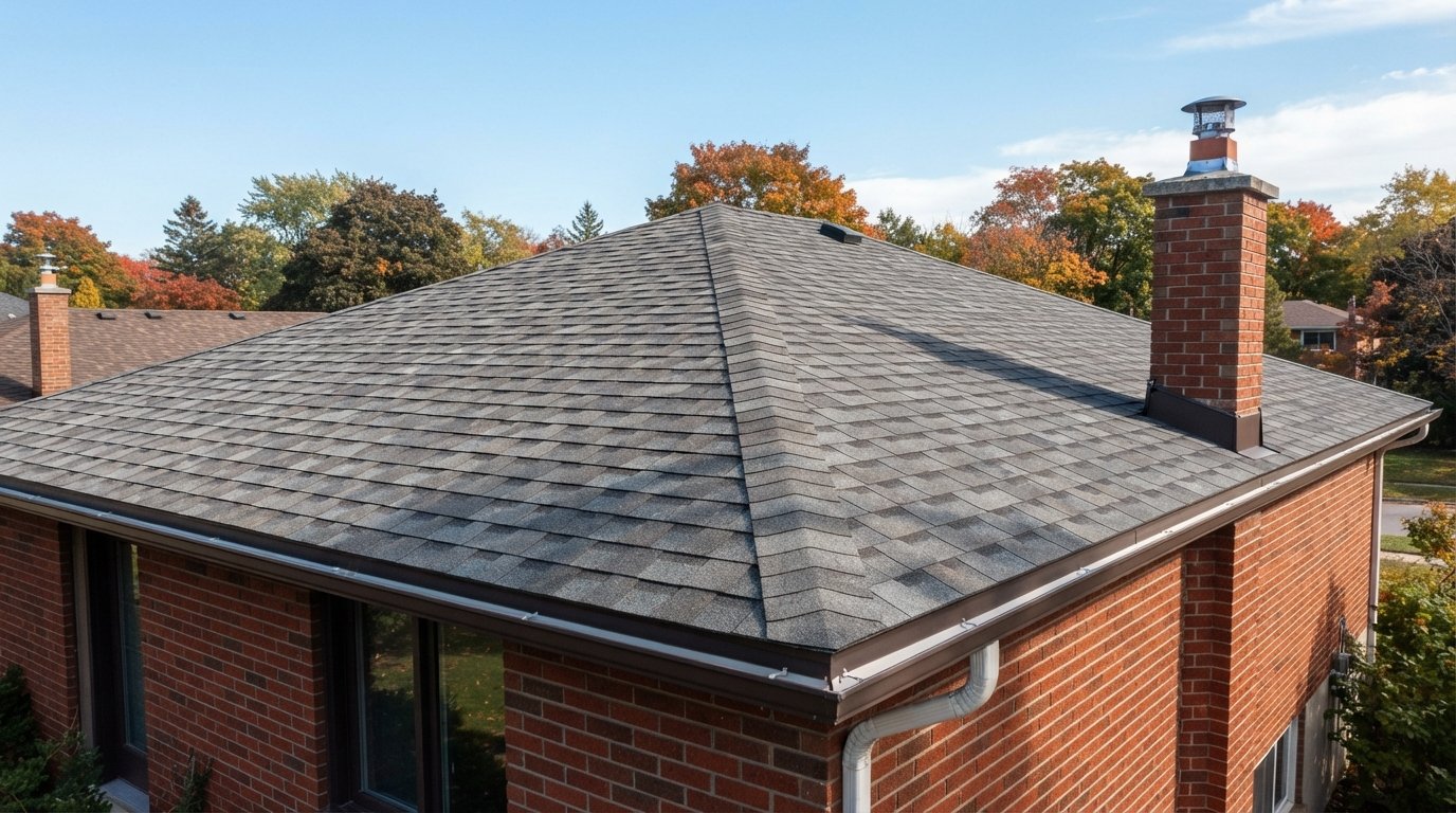 Laminated BP Mystique shingles in a weathered grey blend on a sloped GTA house roof under autumn sky