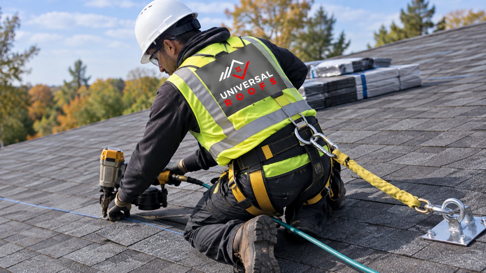 Roofer in a safety harness nailing BP Mystique shingles along a chalk line on a sloped roof
