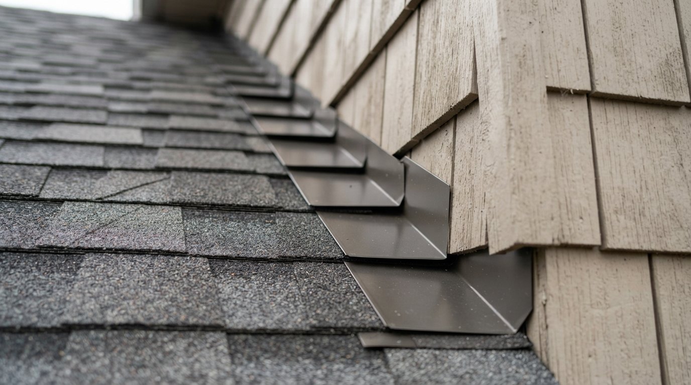 Close-up of new step flashing woven into shingles at a wall during the roof replacement process