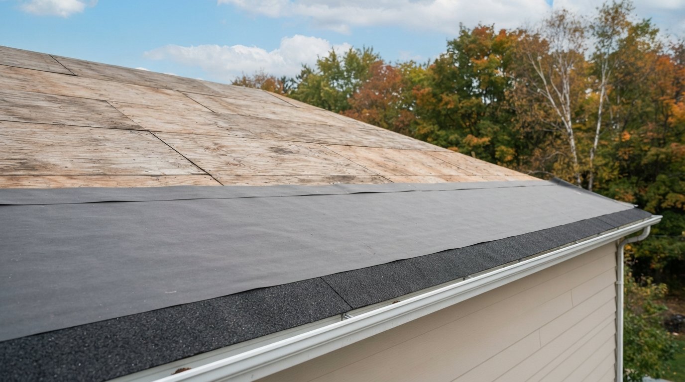 Sloped house roof midway through the roof replacement process with old shingles removed and new underlayment installed