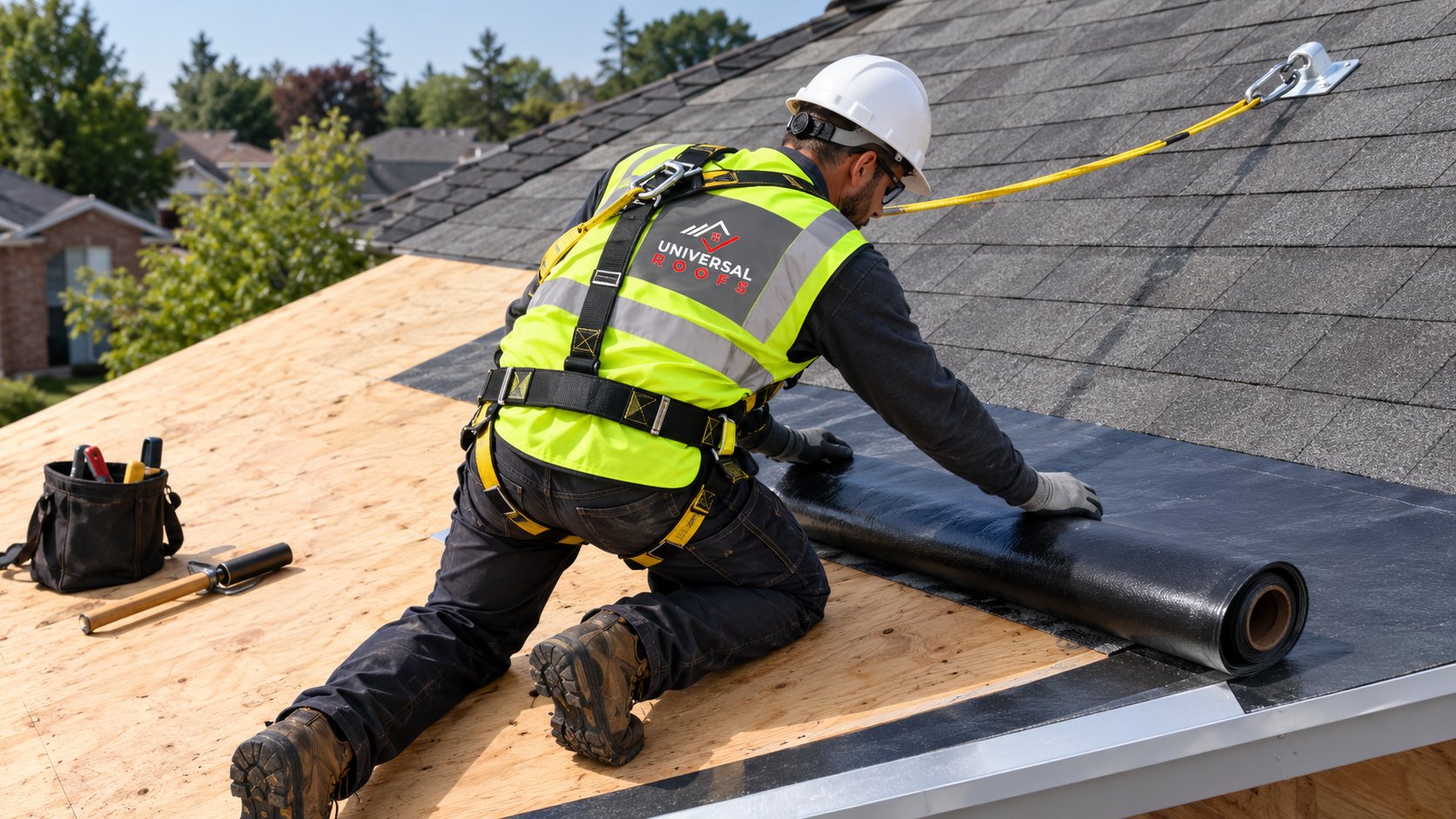Roofer rolling out ice and water shield along the eaves during the roof replacement process