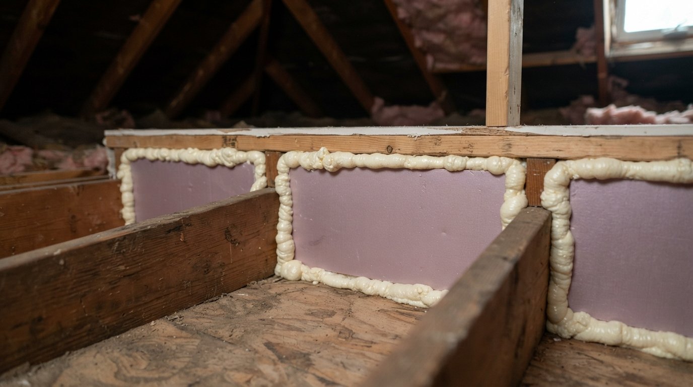 Close-up of rigid foam blocking sealed into open floor joist bays beneath an attic knee wall