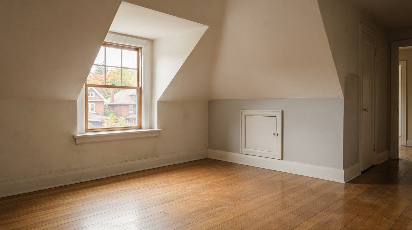 Upstairs bedroom in a storey-and-a-half home with sloped ceiling and a short attic knee wall with access door
