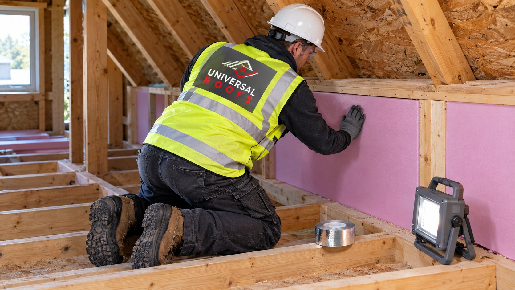 Insulation installer fitting rigid foam board to the back of an attic knee wall inside a side attic