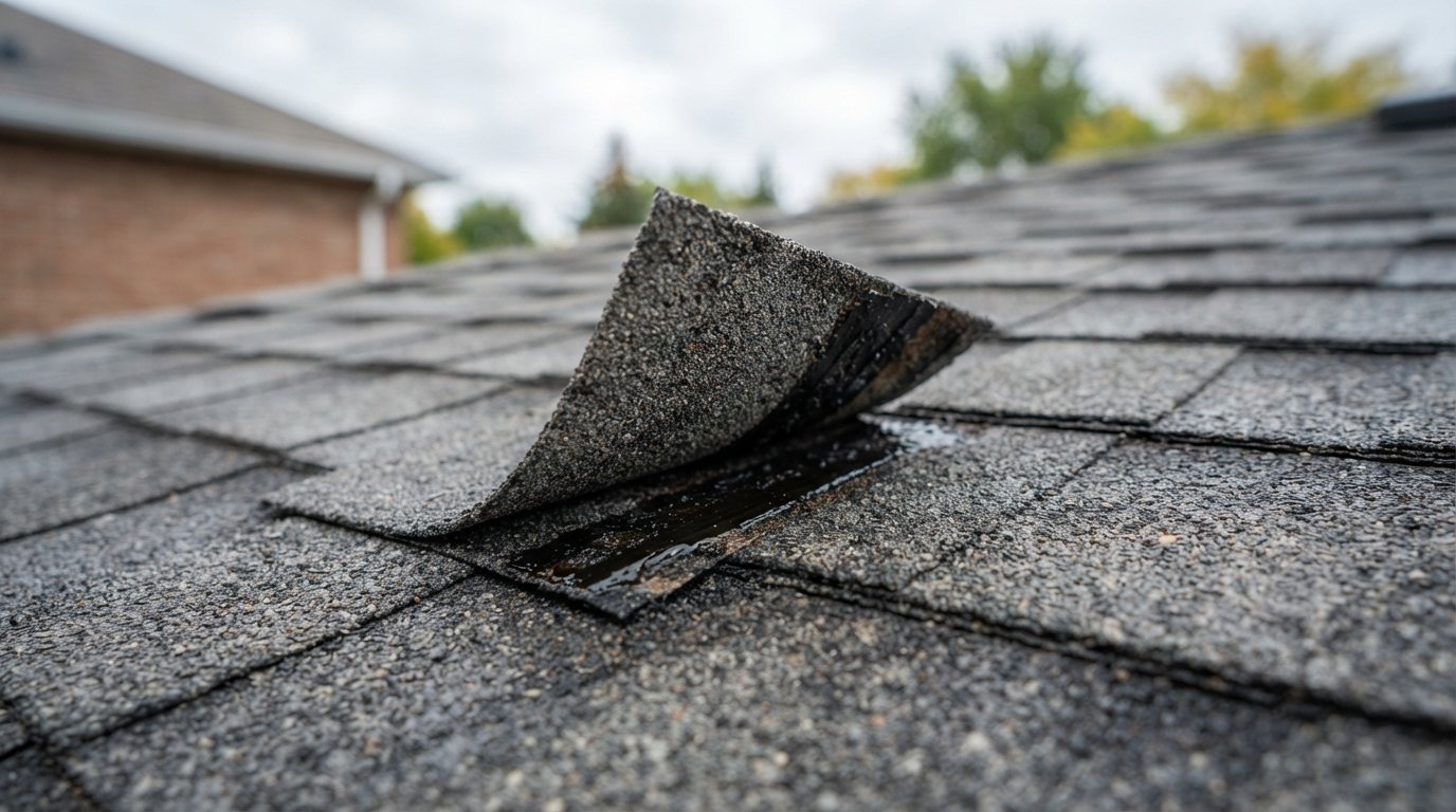 Close-up of the self-seal adhesive strip on asphalt shingles, key to installing shingles in cold weather