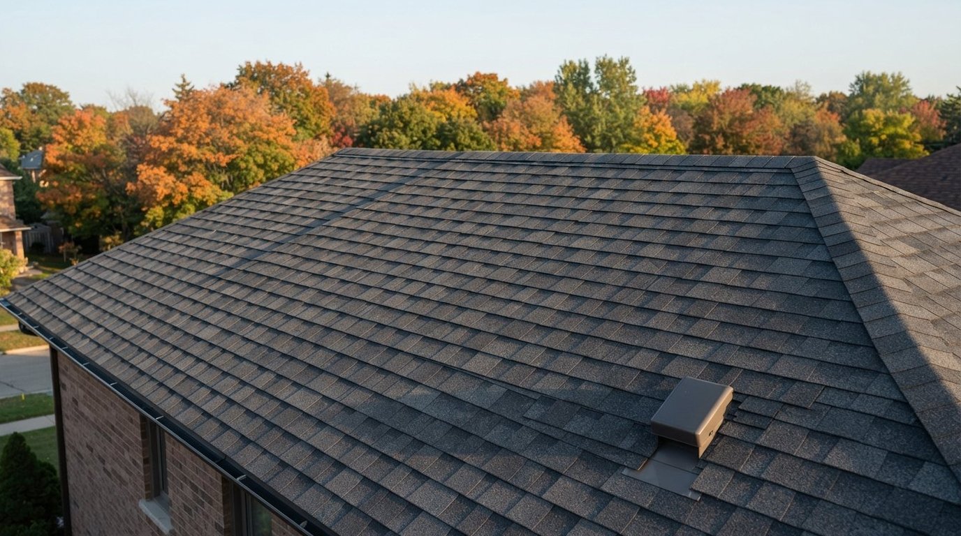 New asphalt shingles on a sloped GTA roof in cool early-autumn light, a reminder of what changes when installing shingles in cold weather