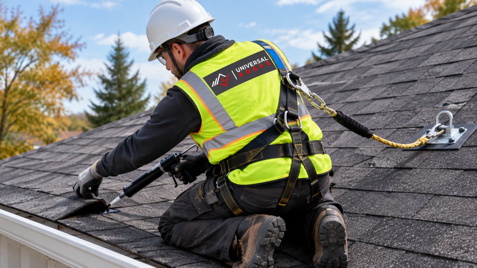 Roofer applying roofing cement under shingle tabs by hand as part of installing shingles in cold weather
