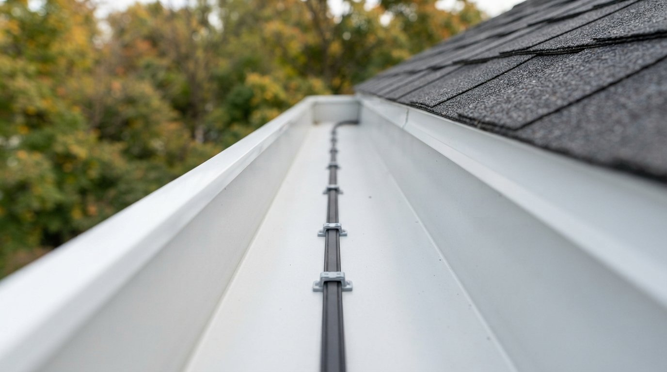 Close-up of a self-regulating eavestrough heating cable running along the bottom of an aluminum eavestrough