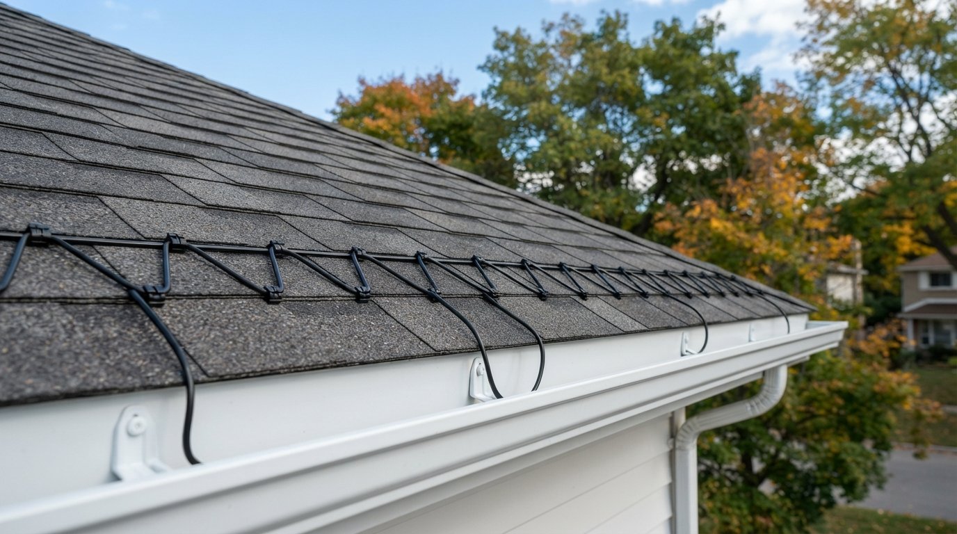 Eavestrough heating cable clipped in a zig-zag pattern along the shingled roof edge above an aluminum eavestrough