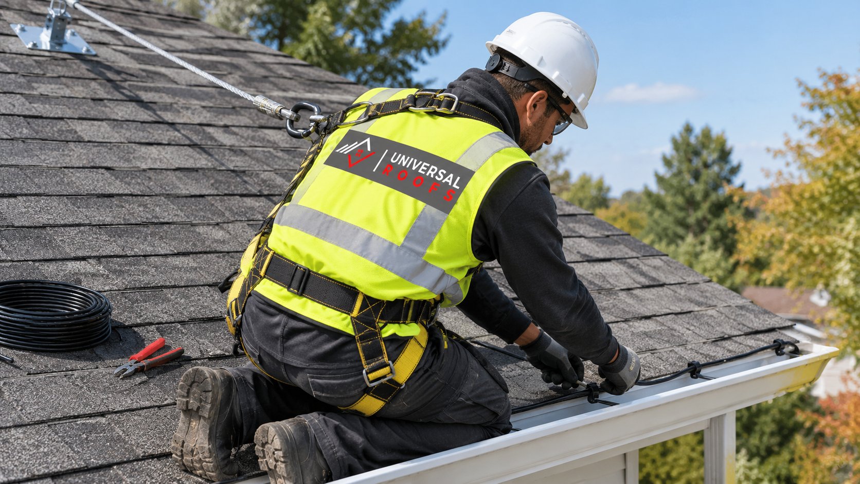 Eavestrough installer on a ladder securing an eavestrough heating cable along the roof edge with clips