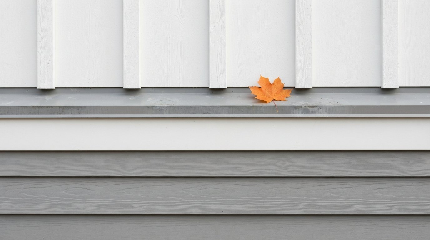 Close-up of a fibre cement board and batten siding joint with batten, flashing and trim board