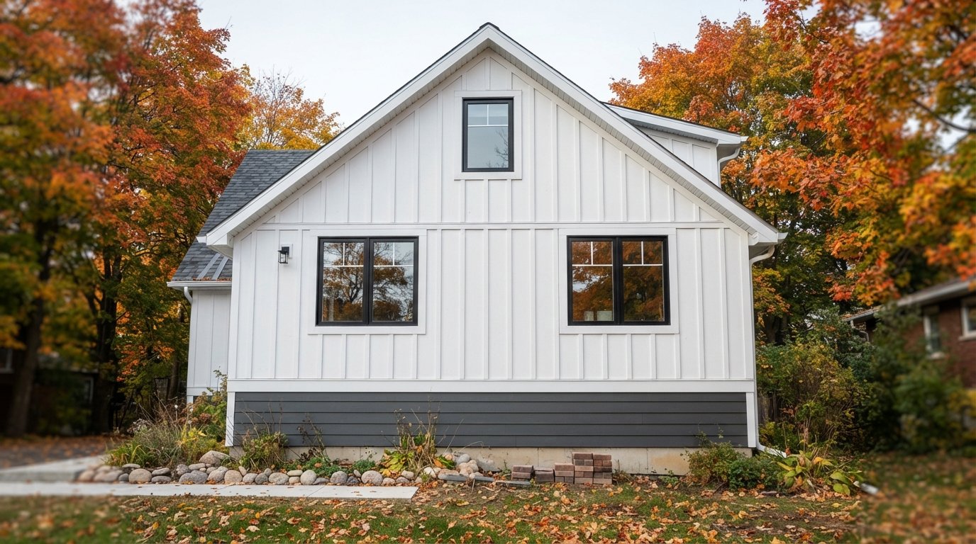 Two-storey Ontario home with white board and batten siding on the gable above horizontal lap siding in autumn