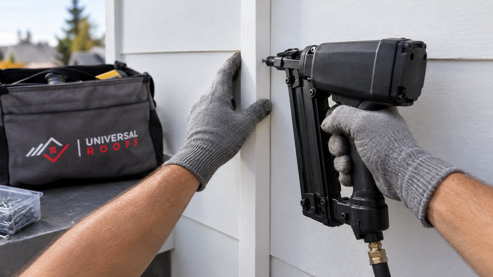 Siding installer at ground level fastening a vertical batten over board and batten siding panels on the lower wall of a house