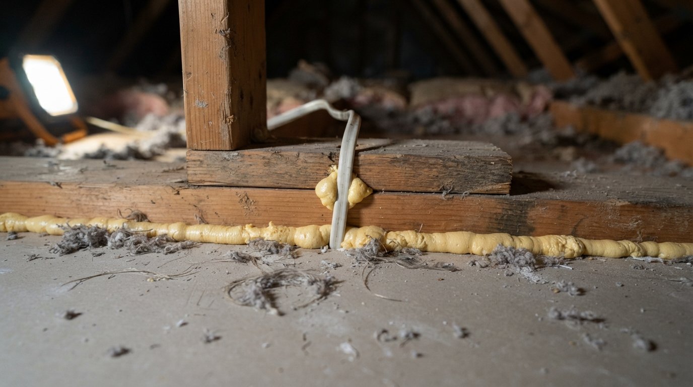 Close-up of bare ceiling joists after attic insulation removal showing air sealed top plate and wire hole