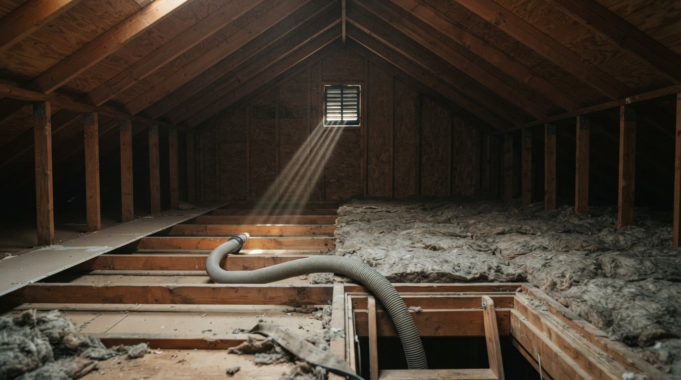 Attic insulation removal in progress with old flattened insulation partly cleared from ceiling joists