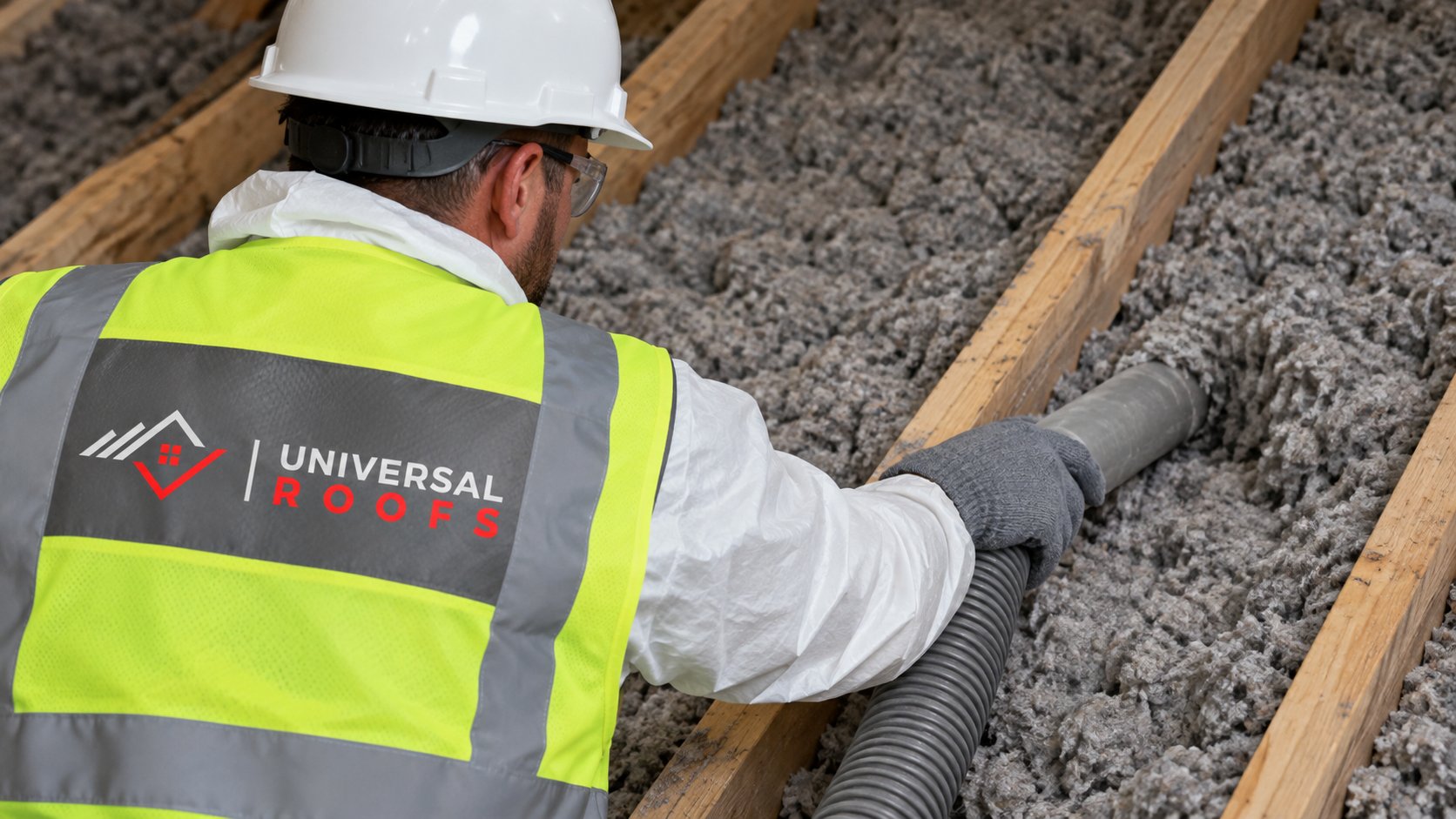 Attic technician performing attic insulation removal with a large vacuum hose between ceiling joists
