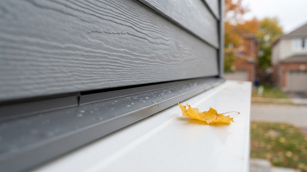 Close-up of fiber cement siding planks above Z-flashing with a small clearance gap at a trim board