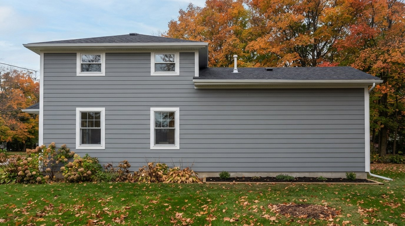 Two-storey home clad in grey fiber cement siding lap planks with white trim and autumn trees