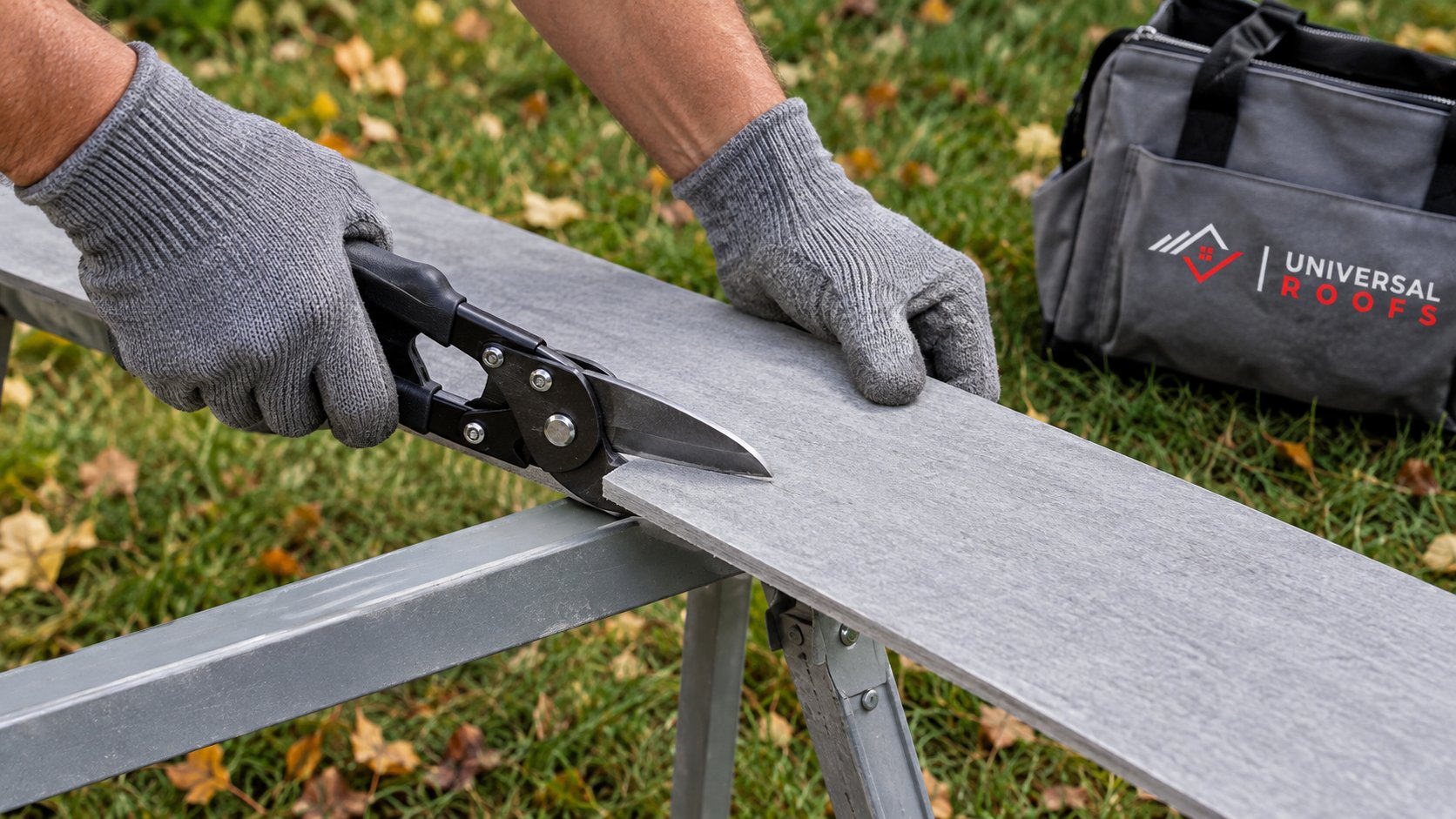 Installer cutting fiber cement siding plank with shears at an outdoor cutting station in autumn
