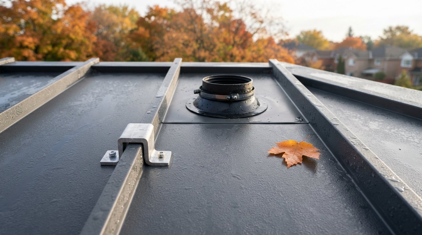 Close-up of standing seam metal roof seams with a clamp-on snow guard and pipe boot