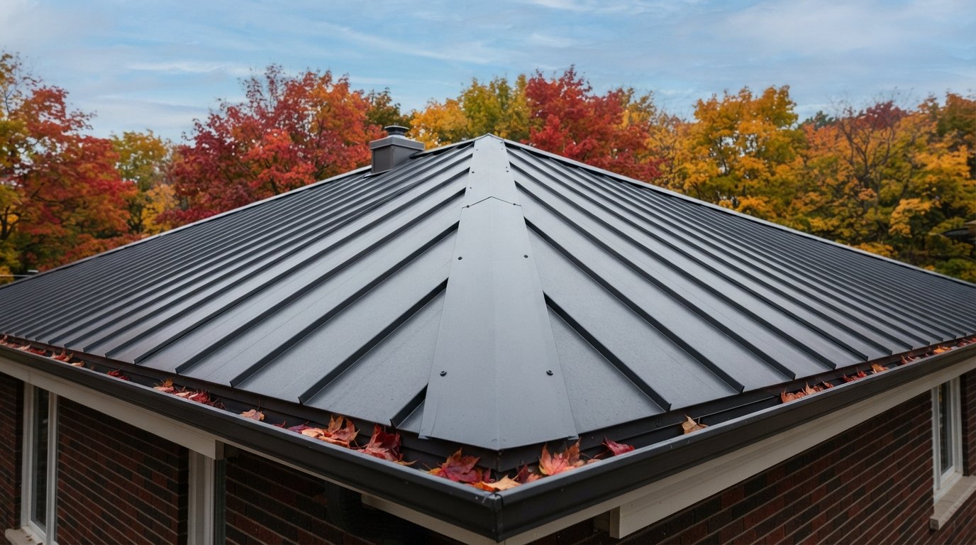 Charcoal standing seam metal roof on a two-storey Ontario home with autumn trees behind