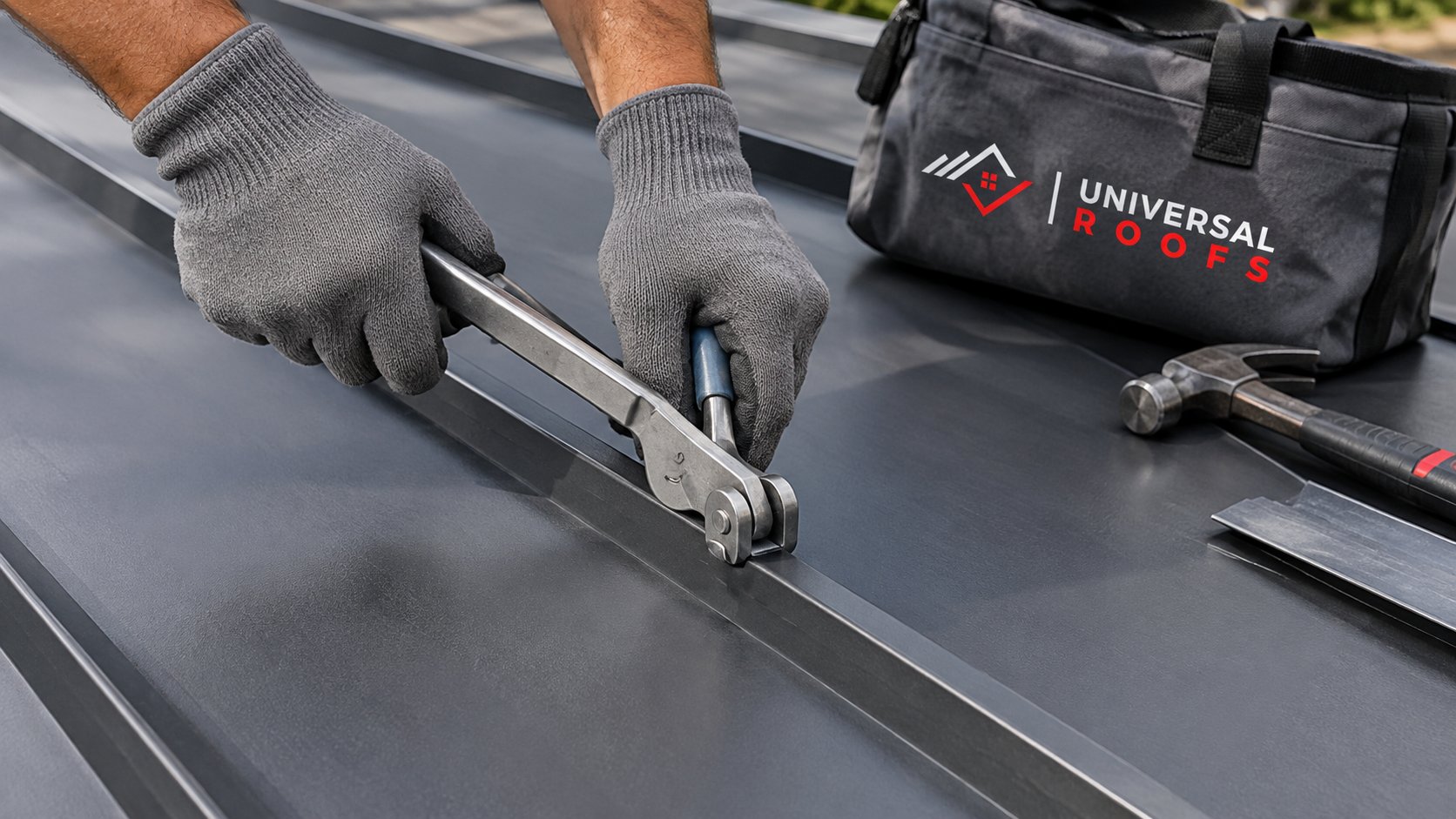 Gloved hands closing a standing seam metal roof panel joint with a hand seamer on a charcoal roof