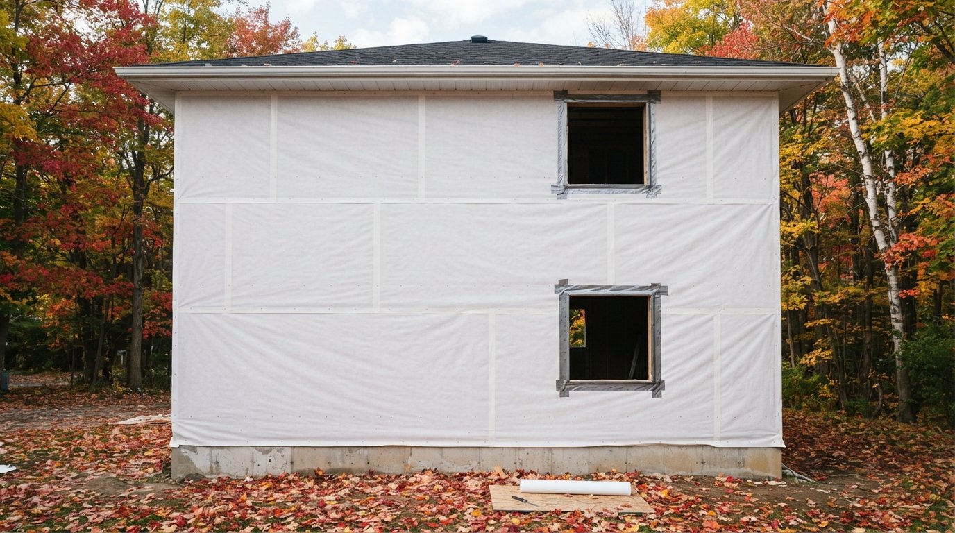 Two-storey house wall covered in house wrap with taped seams and flashed window openings before siding
