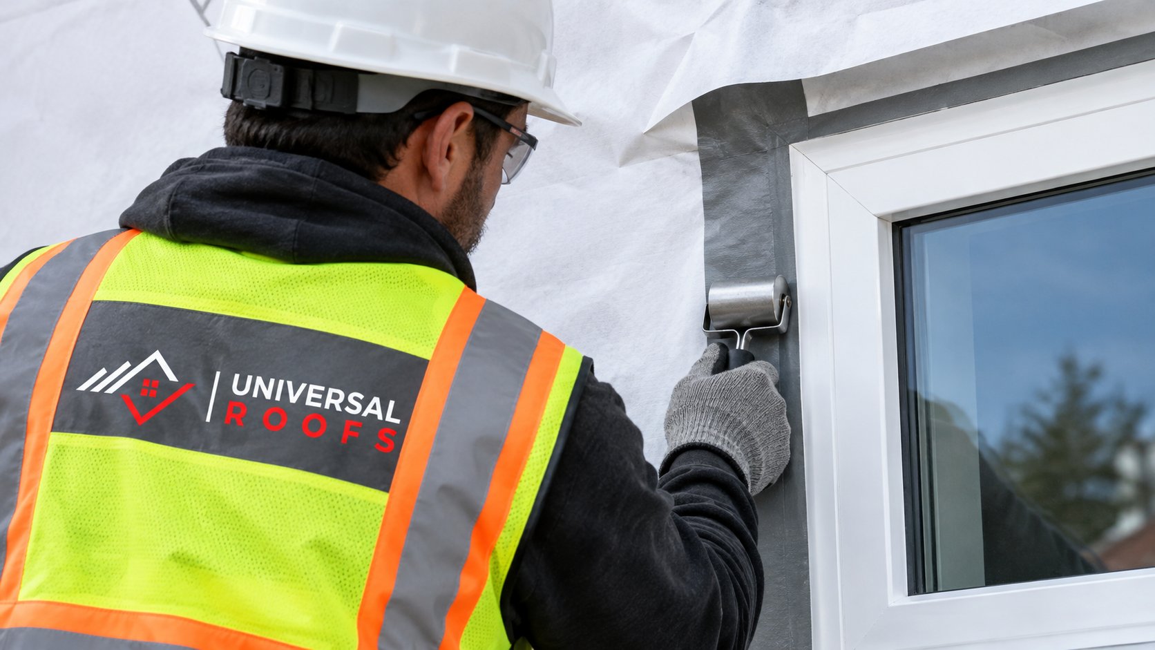 Siding installer taping house wrap and flashing around a ground-floor window opening in autumn