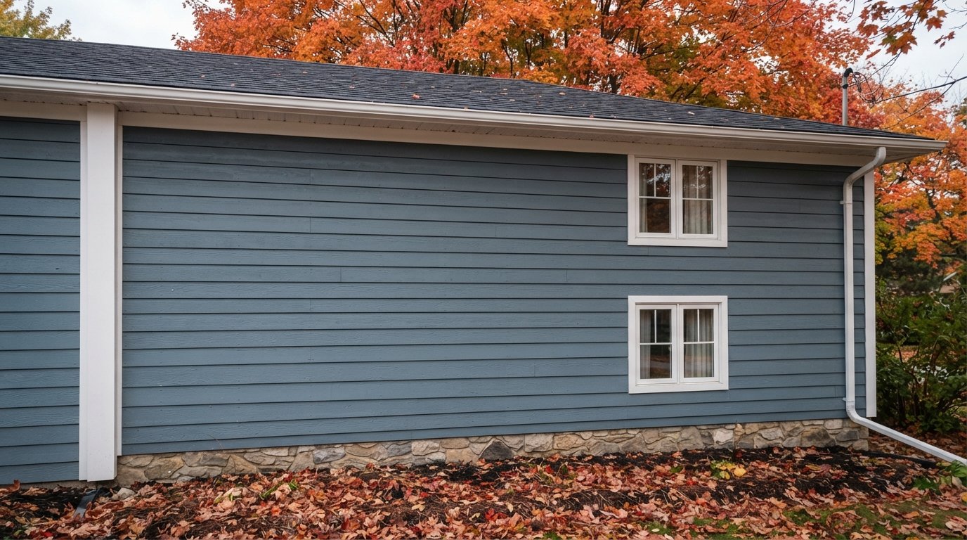 Two-storey Ontario home with blue LP SmartSide lap siding, white trim and autumn maple trees