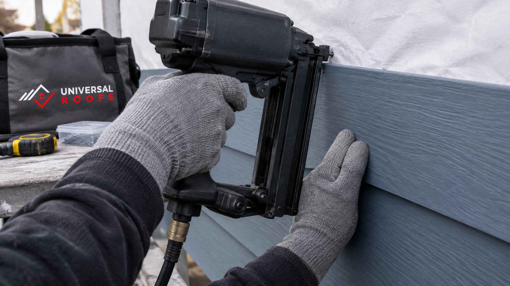 Siding installer fastening LP SmartSide lap siding with a nailer on an autumn job site