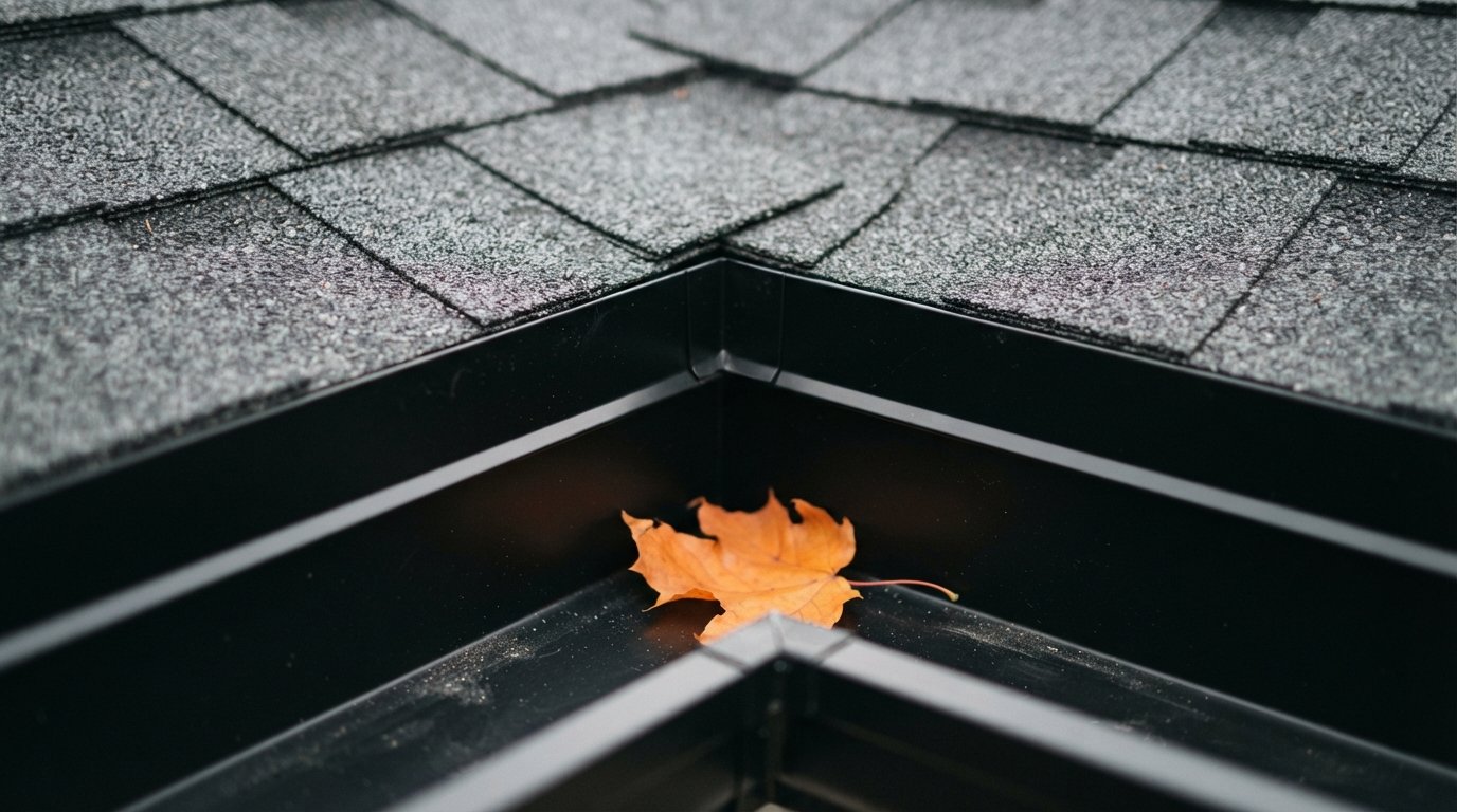 Close-up of drip edge and gutter apron lapping into a new aluminum eavestrough under new shingles