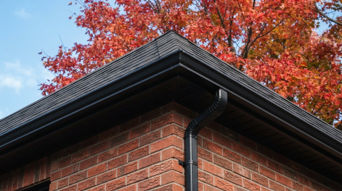 New shingle roof with matching new aluminum eavestroughs and fascia on a two-storey home in autumn
